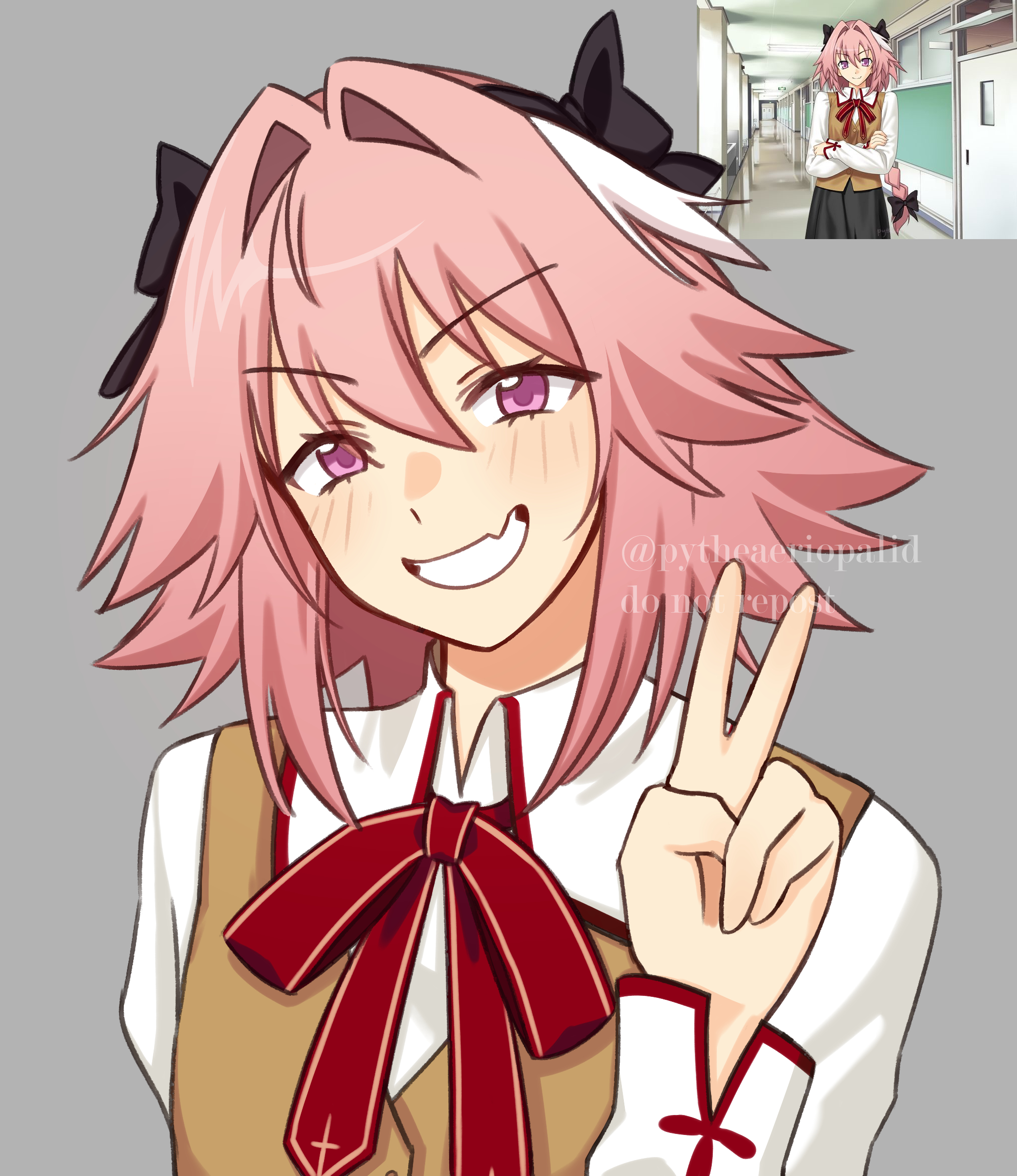 Astolfo grinning with a peace sign